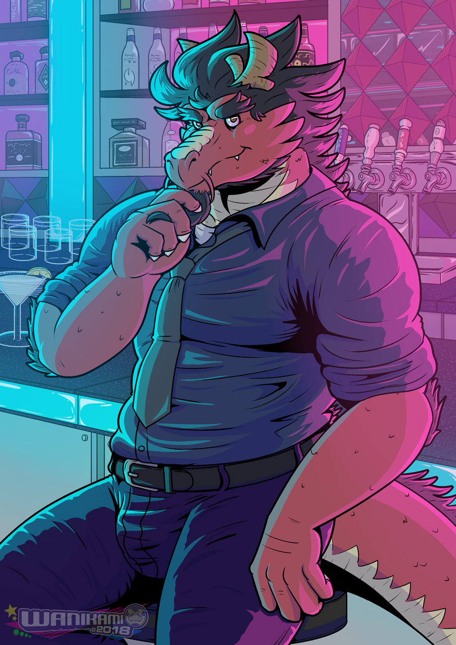 2018 alcohol anthro bar bartender belt beverage blush bottle bulge claws clothing cup dragon eastern_dragon facial_hair goatee horn looking_at_viewer male muscular necktie nightclub pants scales scalie shirt smile solo tenka_ryuutou wanikami whiskers