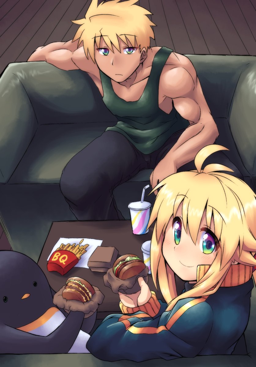 1girl ahoge bird blonde_hair blush brother_and_sister commentary_request couch eating food french_fries green_eyes hamburger highres hijikata-san_(m.m) holding holding_food jacket koshirae_kenji koshirae_tsurugi long_hair m.m original penguin ponytail short_hair siblings sitting smile table track_jacket