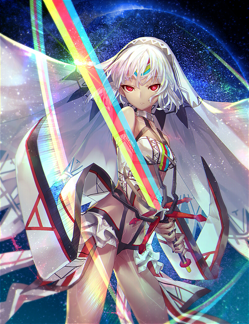 altera_(fate) bangs bare_shoulders black_nails blunt_bangs breasts choker closed_mouth collarbone commentary_request dark_skin detached_sleeves expressionless eyebrows_visible_through_hair fate/grand_order fate_(series) fingernails full_body_tattoo headdress holding holding_sword holding_weapon jewelry legs nail_polish navel photon_ray red_eyes revealing_clothes shionty short_hair showgirl_skirt skirt small_breasts solo sword tan tattoo thighs veil weapon white_hair white_skirt