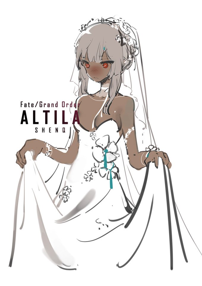 altera_(fate) alternate_costume armlet bangs bare_arms bare_shoulders blush bracelet breasts character_name choker cleavage closed_mouth collarbone commentary_request copyright_name dark_skin dress fate/extella fate/extra fate/grand_order fate_(series) feet_out_of_frame flower headdress jewelry long_dress long_hair looking_down red_eyes shenq simple_background sleeveless sleeveless_dress small_breasts solo strapless strapless_dress tan tattoo tied_hair veil white_background white_choker white_dress white_hair