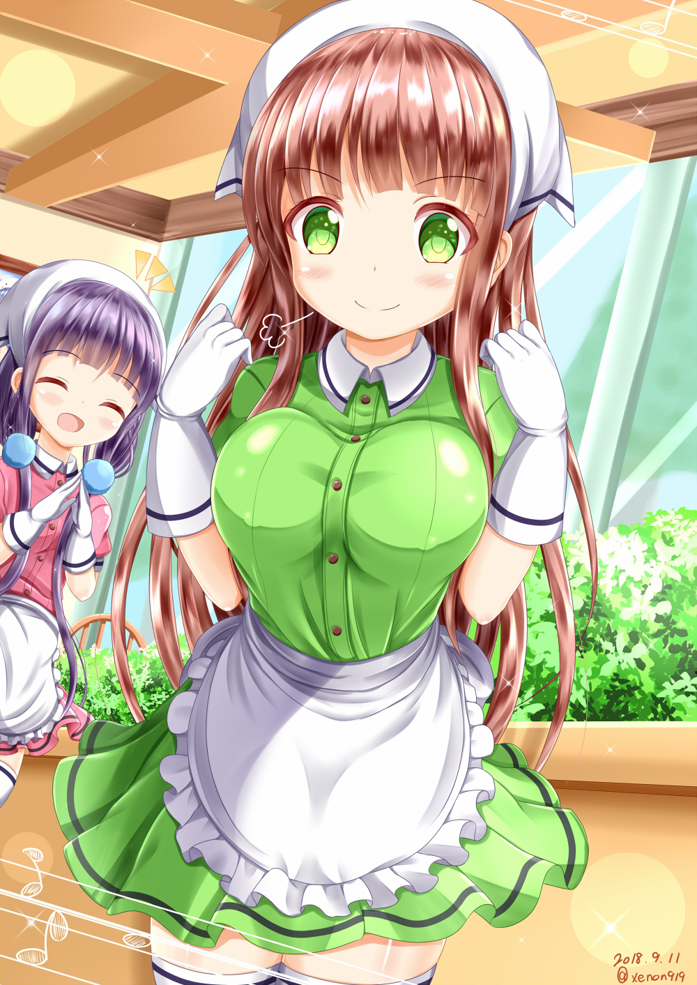 :d ^_^ apron blend_s blush breasts brown_hair closed_eyes closed_mouth collared_shirt commentary_request company_connection cosplay crossover dated dress_shirt frilled_apron frills gloves gochuumon_wa_usagi_desu_ka? green_eyes green_shirt green_skirt hands_up head_scarf highres indoors large_breasts long_hair manga_time_kirara multiple_girls open_mouth picture_frame pink_shirt pink_skirt pleated_skirt puffy_short_sleeves puffy_sleeves purple_hair sakuranomiya_maika shirt short_sleeves skirt smile sparkle steepled_fingers stile_uniform twitter_username ujimatsu_chiya uniform very_long_hair waist_apron waitress white_apron white_gloves window zenon_(for_achieve)