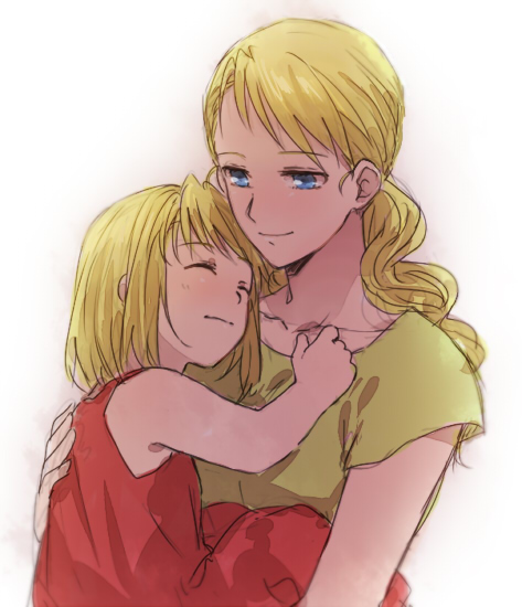 bare_arms blonde_hair blue_eyes carrying closed_eyes dress eyebrows_visible_through_hair fullmetal_alchemist gradient gradient_background green_shirt happy hug light_smile long_hair looking_down mother_and_daughter multiple_girls pink_dress riru sara_rockbell shirt short_hair simple_background sleeveless sleeveless_dress smile upper_body white_background winry_rockbell younger