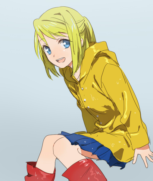 :d blonde_hair blue_eyes blue_skirt boots eyebrows_visible_through_hair eyelashes fullmetal_alchemist grey_background happy looking_at_viewer open_mouth pink_footwear raincoat riru rubber_boots short_hair simple_background sitting skirt smile solo wet wet_clothes winry_rockbell younger