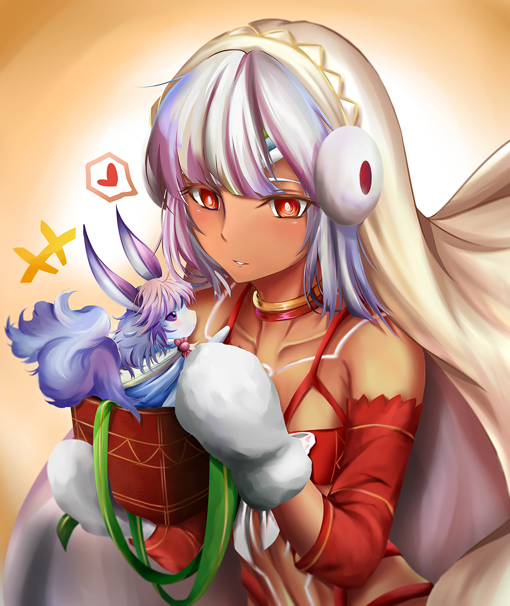 altera_(fate) altera_the_santa bangs bare_shoulders blunt_bangs breasts choker dark_skin detached_sleeves earmuffs fate/grand_order fate_(series) fou_(fate/grand_order) full_body_tattoo gift headdress holding holding_gift midriff navel parted_lips red_eyes shiki_(chen321aa) simple_background small_breasts solo tan tattoo veil white_hair