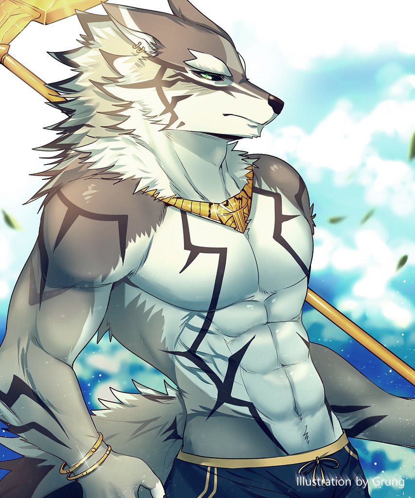 2018 anthro canine clothed clothing fur grung hi_res male mammal muscular muscular_male seth_(tas) solo swimsuit tokyo_afterschool_summoners topless