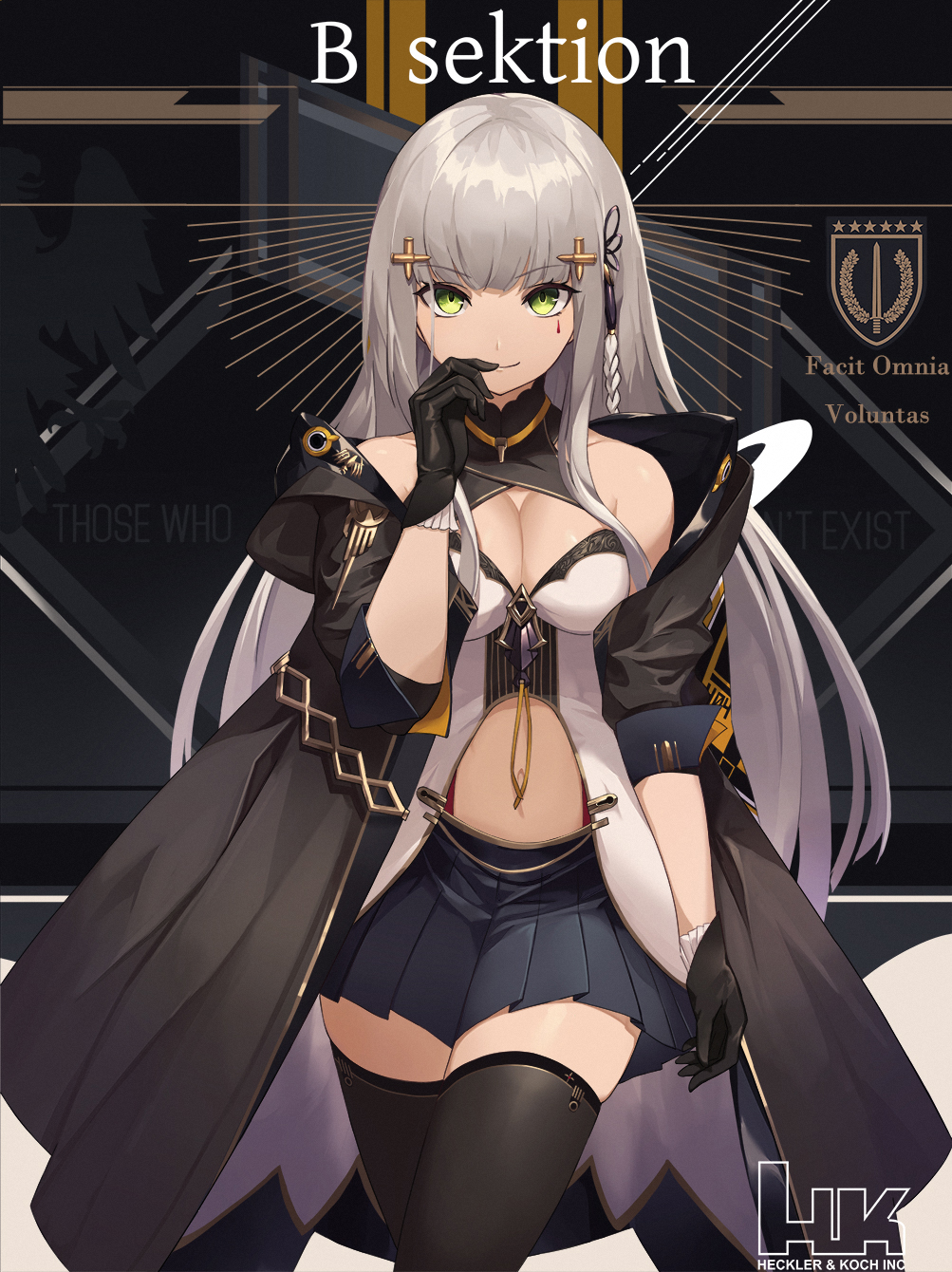 assault_rifle bare_shoulders braid breasts character_name cleavage cleavage_cutout cowboy_shot eruthika girls_frontline green_eyes gun heckler_&amp;_koch highres hk416 hk416_(girls_frontline) long_hair looking_at_viewer miniskirt navel pleated_skirt rifle silver_hair skindentation skirt solo thighhighs weapon zettai_ryouiki