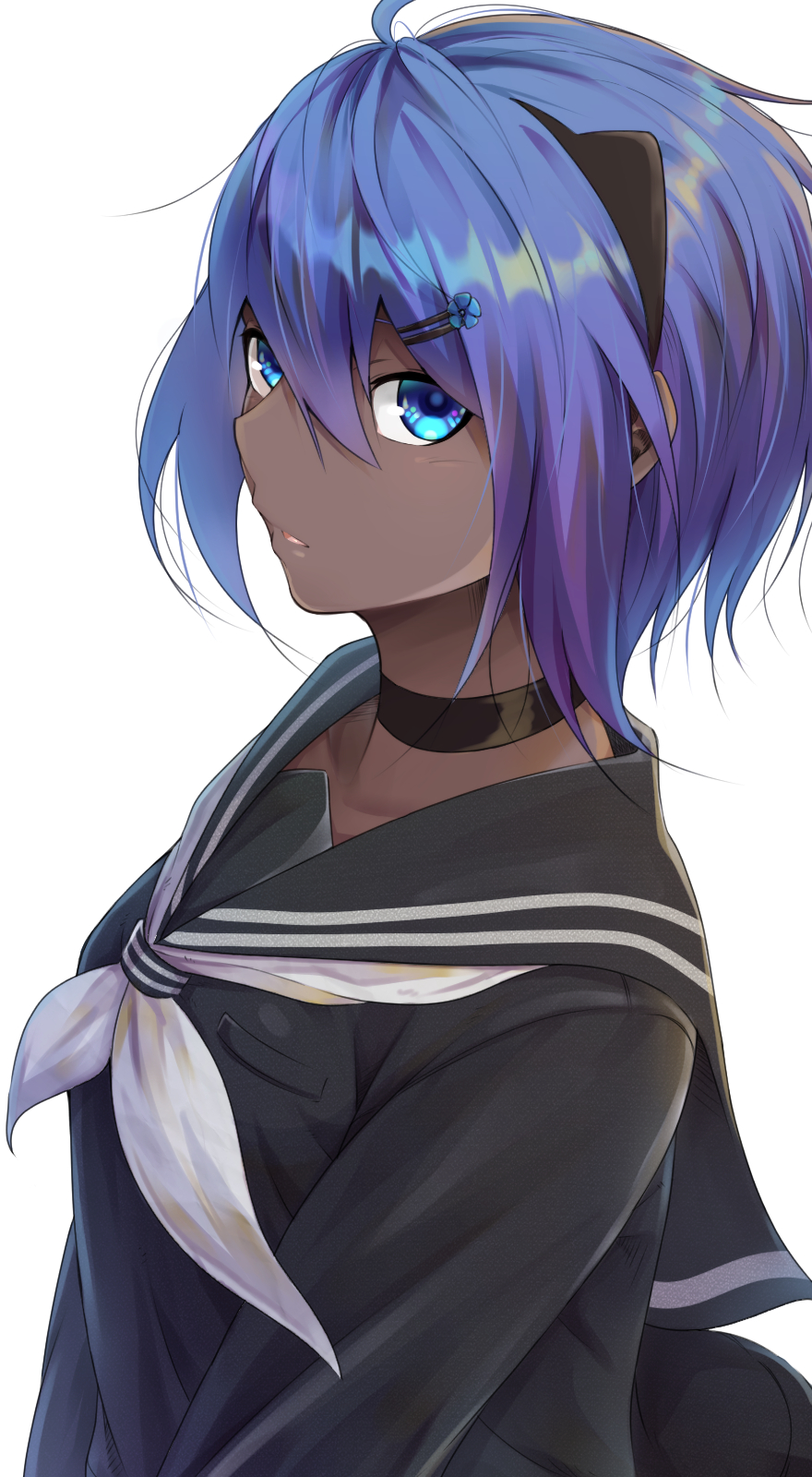 ahoge alternate_costume bangs black_choker black_hairband black_serafuku blue_eyes blue_hair breast_pocket choker commentary_request dark_skin fate/prototype fate/prototype:_fragments_of_blue_and_silver fate_(series) from_side hair_between_eyes hair_ornament hairband hairclip hassan_of_serenity_(fate) highres long_sleeves looking_at_viewer neckerchief parted_lips pocket school_uniform serafuku shiny shiny_hair short_hair shunga_(shun608) sidelocks sideways_glance simple_background solo upper_body white_background white_neckwear