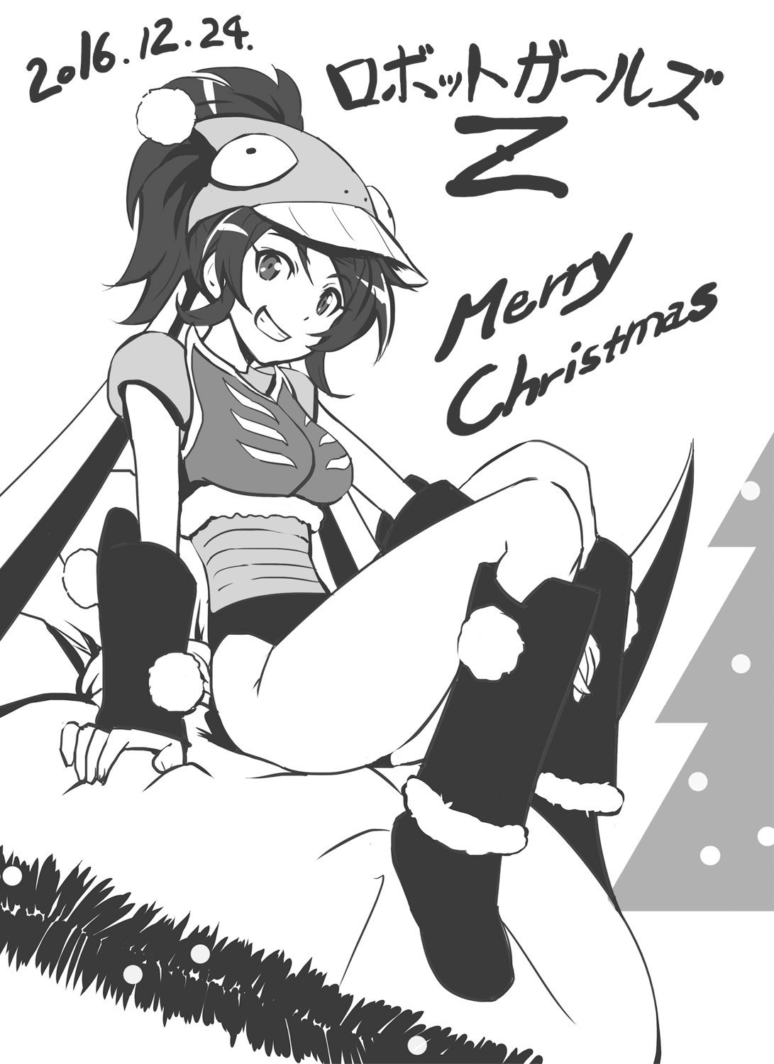 1girl artist_request bare_legs blue_hair boots breasts christmas curvy dated female full_body garada_k7 grin happy hat leotard long_hair looking_at_viewer medium_breasts monochrome robot_girls_z sitting smile solo translation_request