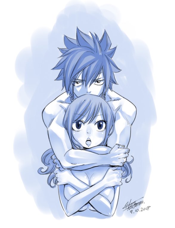 1girl 2018 :o bangs blush breasts chain_necklace cleavage collarbone covering covering_breasts dated eyebrows_visible_through_hair fairy_tail fairy_wings gray_fullbuster hair_between_eyes hug hug_from_behind juvia_lockser large_breasts long_hair looking_at_viewer mashima_hiro monochrome nude official_art open_mouth signature sketch spiked_hair swept_bangs underboob upper_body white_background wings