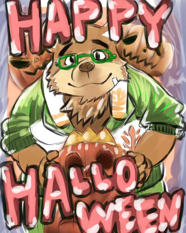 2017 anthro bear brown_fur clothed clothing english_text eyewear food fruit fur glasses halloween holidays hoqtank humanoid_hands male mammal overweight overweight_male pumpkin solo text tokyo_afterschool_summoners volos