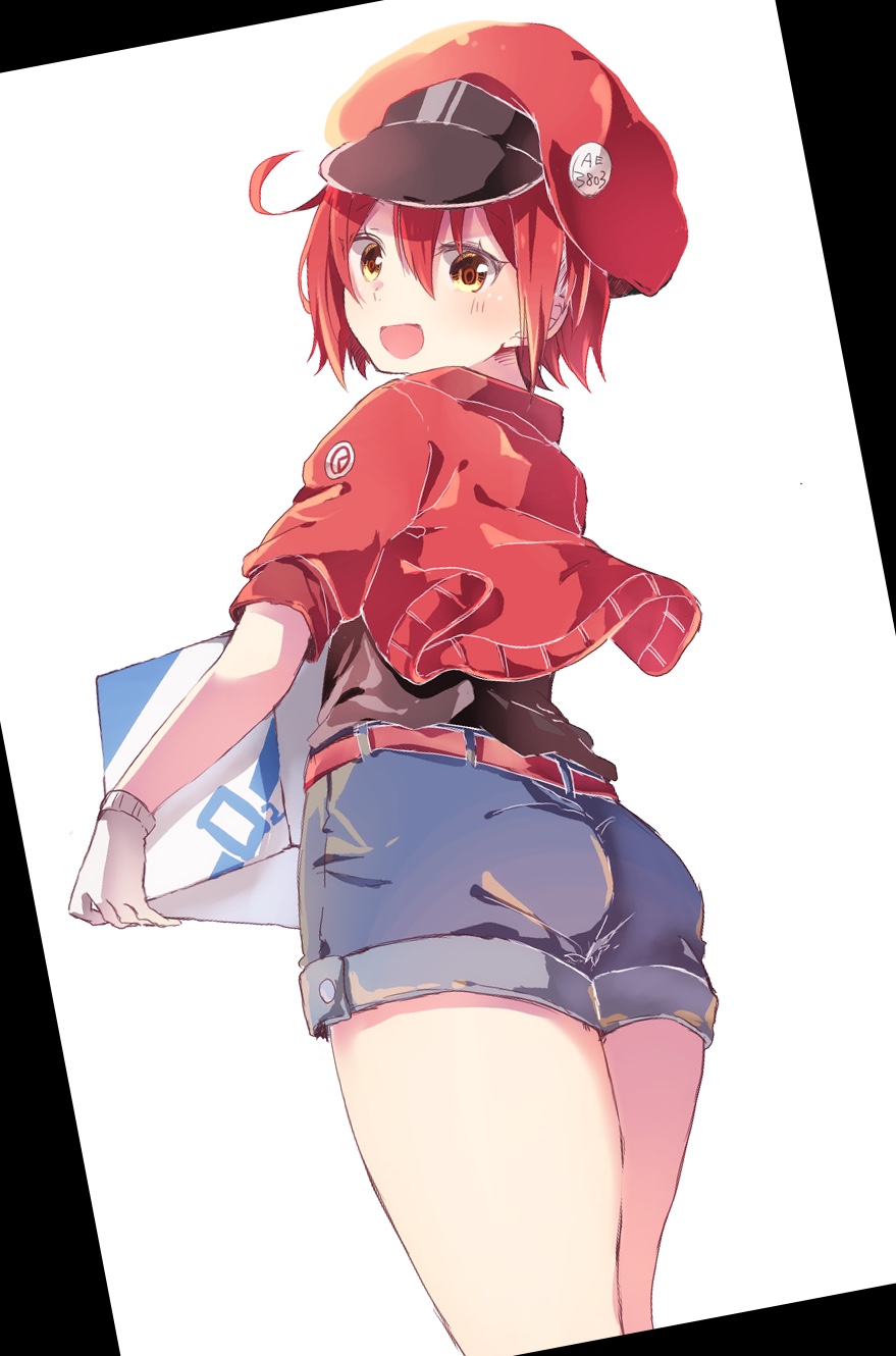 :d ae-3803 ass bad_id bad_pixiv_id bangs black_background black_shirt blue_shorts blush box brown_eyes cabbie_hat cardboard_box character_name commentary_request eyebrows_visible_through_hair from_behind gloves hair_between_eyes hat hataraku_saibou highres holding holding_box jacket looking_at_viewer looking_back naoton open_clothes open_jacket open_mouth red_blood_cell_(hataraku_saibou) red_hair red_hat red_jacket shirt short_shorts shorts smile solo two-tone_background white_background white_gloves