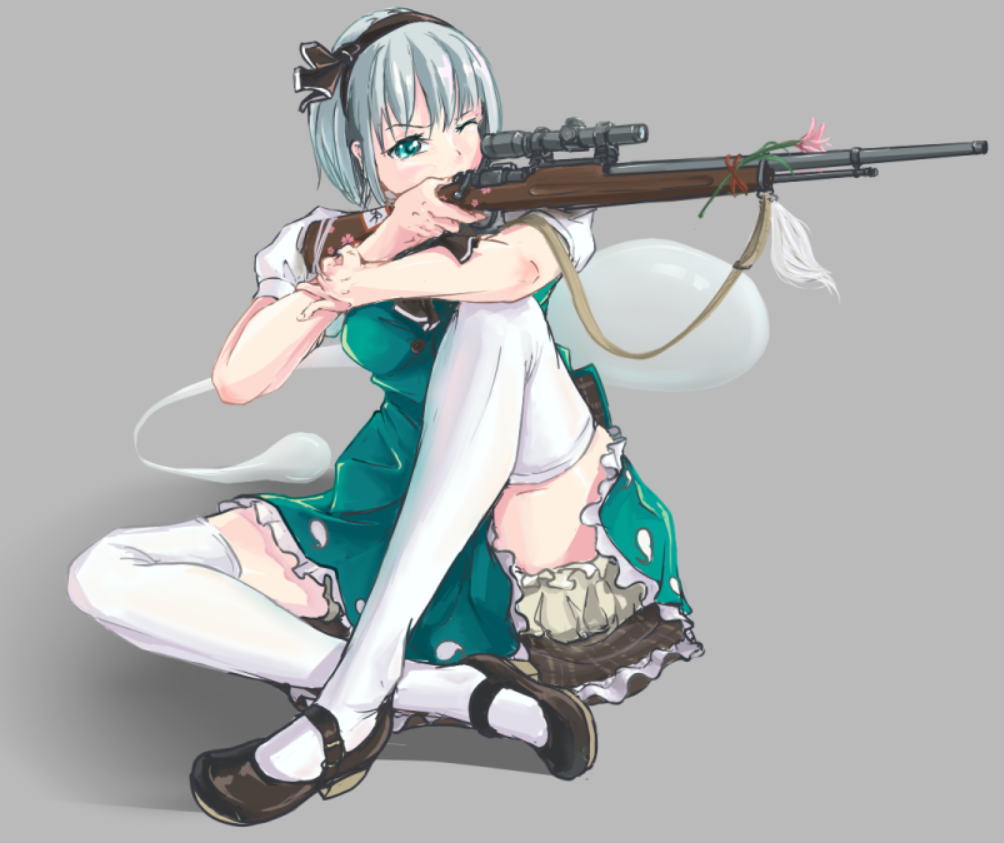 aiming arm_support black_hairband bloomers bolt_action chinese_commentary commentary dress flower green_eyes gun hairband konpaku_youmu konpaku_youmu_(ghost) lolipantherwww mary_janes one_eye_closed puffy_short_sleeves puffy_sleeves rifle scope shoes short_hair short_sleeves silver_hair simple_background sitting sniper_rifle thighhighs touhou underwear weapon