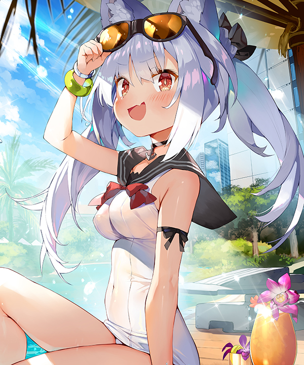 :d adapted_costume arm_ribbon arm_up azur_lane bangle bangs black_ribbon black_sailor_collar blue_sky blush bracelet breasts bright_pupils brown_eyes choker cityscape cloud commentary_request covered_navel cup day eyebrows_visible_through_hair eyewear_on_head fang flower hand_on_eyewear impossible_clothes impossible_swimsuit jewelry knee_up light_rays long_hair looking_at_viewer matsui_hiroaki medium_breasts official_art one-piece_swimsuit open_mouth outdoors palm_tree pool poolside ribbon sailor_collar school_swimsuit sidelocks silver_hair sitting sky small_breasts smile solo sparkle sunglasses sunlight swimsuit tree tropical_drink twintails v-shaped_eyebrows water white_school_swimsuit white_swimsuit yukikaze_(azur_lane)