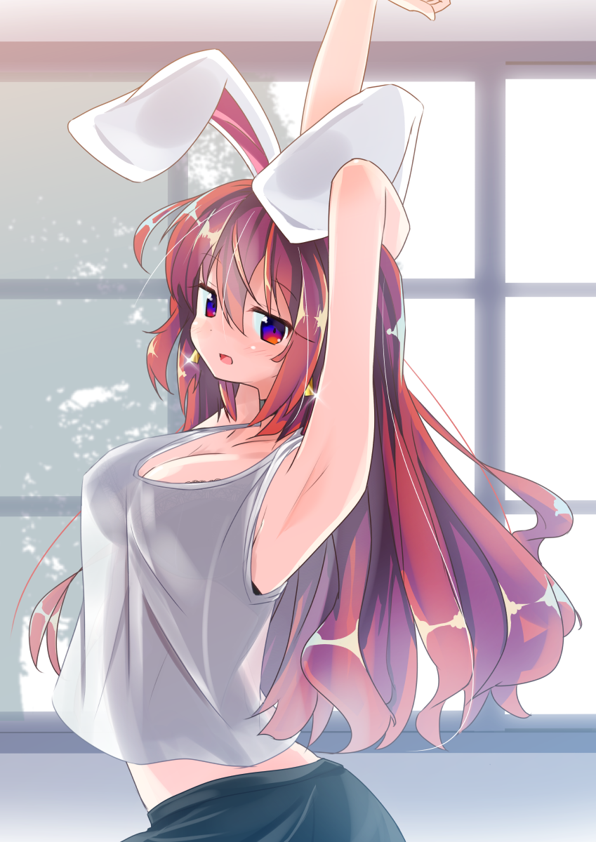 animal_ears armpits arms_up bangs bare_arms bare_shoulders black_skirt blush breasts bunny_ears camisole cleavage commentary_request earrings eyebrows_visible_through_hair glint hair_between_eyes highres jewelry large_breasts long_hair looking_at_viewer original parted_lips red_eyes red_hair ryogo see-through_silhouette skirt smile solo usami_tsuitachi very_long_hair white_camisole window