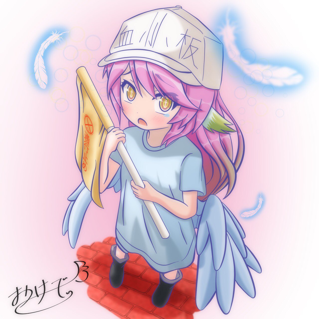 angel_wings blue_shirt boots commentary cosplay cross feathered_wings feathers flag flat_cap gradient hat hataraku_saibou highres holding holding_flag jibril_(no_game_no_life) long_hair looking_at_viewer low_wings multicolored multicolored_eyes multicolored_hair no_game_no_life okd11436239 open_mouth orange_eyes pink_hair platelet_(hataraku_saibou) platelet_(hataraku_saibou)_(cosplay) shirt short_sleeves shorts solo standing symbol-shaped_pupils translated white_hat wing_ears wings yellow_eyes younger