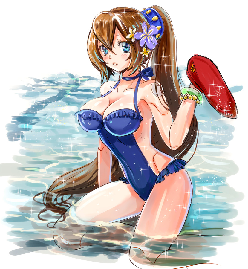 alternate_eye_color alternate_hairstyle android beret blue_eyes blue_swimsuit blush bracelet breasts brown_hair casual_one-piece_swimsuit cleaning cleavage commentary_request flower frilled_swimsuit frills hair_between_eyes hair_flower hair_ornament hat hat_removed headwear_removed high_ponytail iris_(rockman_x) jewelry kiwakiwa large_breasts long_hair one-piece_swimsuit parted_lips ponytail robot_joints rockman rockman_x solo sparkle swimsuit very_long_hair water