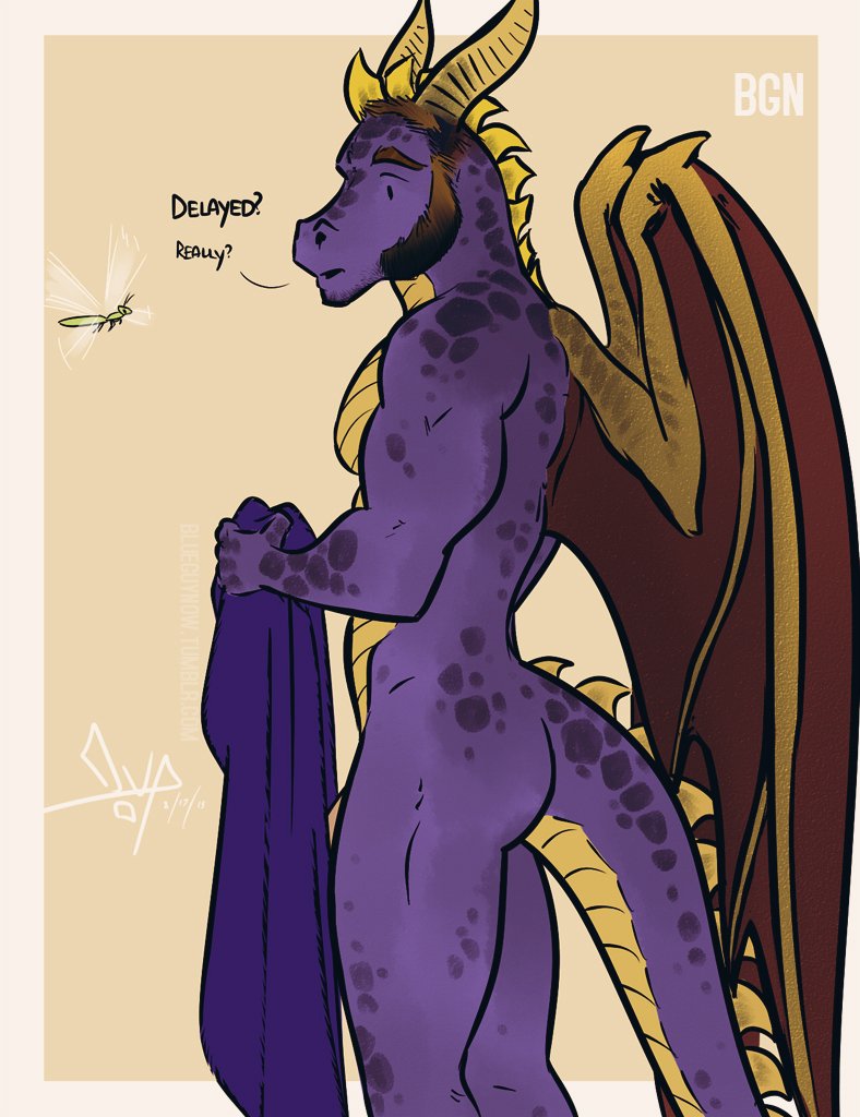 anthro arthropod beard bgn biceps brown_hair dialogue dragon dragonfly english_text facial_hair flaccid flying hair holding_towel insect male muscular muscular_male pecs penis purple_skin sideburns simple_background solo sparx spines spots spyro spyro_the_dragon standing text towel video_games wings yellow_skin