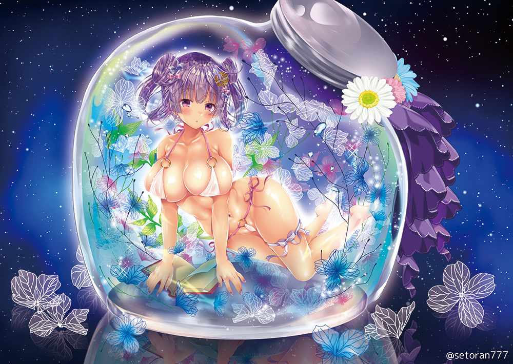 :o all_fours alternate_costume alternate_hairstyle bangs barefoot bikini blush book bow breasts cleavage collarbone commentary_request crescent crescent_hair_ornament daisy double_bun encasement flower full_body hair_bow hair_ornament hair_rings halter_top halterneck in_container jar large_breasts looking_at_viewer micro_bikini navel o-ring o-ring_bikini open_book parted_lips partially_visible_vulva patchouli_knowledge pekopokox pink_eyes purple_hair reflection shiny shiny_hair skindentation sky solo star_(sky) starry_sky stomach swimsuit touhou twitter_username white_bikini