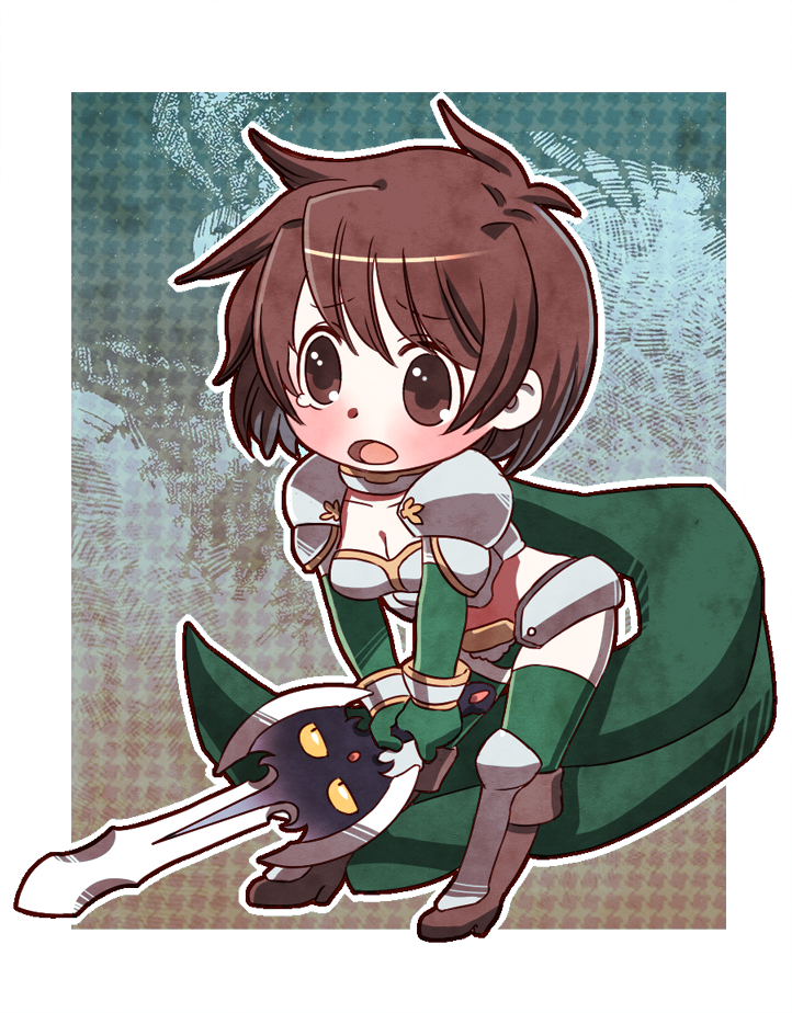 bangs blush bob_cut boots border breasts brown_eyes brown_footwear brown_hair cape character_request chibi cleavage collarbone commentary_request copyright_request d: elbow_gloves eyebrows_visible_through_hair eyes_visible_through_hair full_body furrowed_eyebrows genderswap genderswap_(mtf) gloves gold_trim green_cape green_gloves green_legwear hayasaka high_heel_boots high_heels holding holding_sword holding_weapon knee_boots leaning_forward open_mouth outside_border rance_(series) ransuko sengoku_rance short_hair standing stomach swept_bangs sword tareme tears thighhighs weapon white_border
