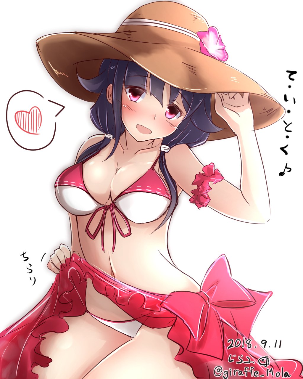 alternate_costume bikini blush breasts commentary_request dated flower giraffe_(ilconte) hair_ornament hat hat_flower heart highres kantai_collection large_breasts lifted_by_self long_hair looking_at_viewer low_twintails open_mouth purple_hair red_eyes sarong sarong_lift simple_background solo spoken_heart straw_hat swimsuit taigei_(kantai_collection) translated twintails twitter_username white_background