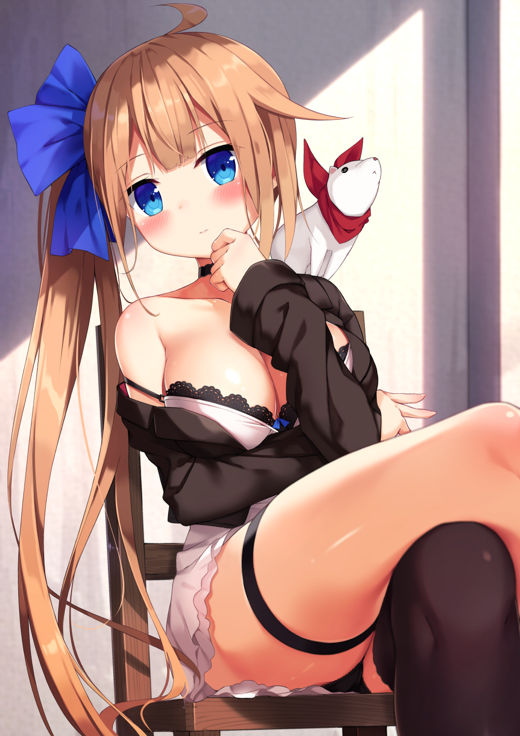 ahoge animal asymmetrical_legwear bangs black_choker black_jacket black_legwear black_panties blue_bow blue_eyes blush bow breasts brown_hair chair choker cleavage closed_mouth collarbone commentary_request dress eyebrows_visible_through_hair ezoshika fal_(girls_frontline) ferret fingernails girls_frontline hair_bow hand_up head_tilt highres jacket large_breasts long_hair long_sleeves looking_at_viewer off_shoulder on_chair panties side_ponytail sidelocks single_thighhigh sitting sleeveless sleeveless_dress solo strap_slip thighhighs underwear very_long_hair white_dress