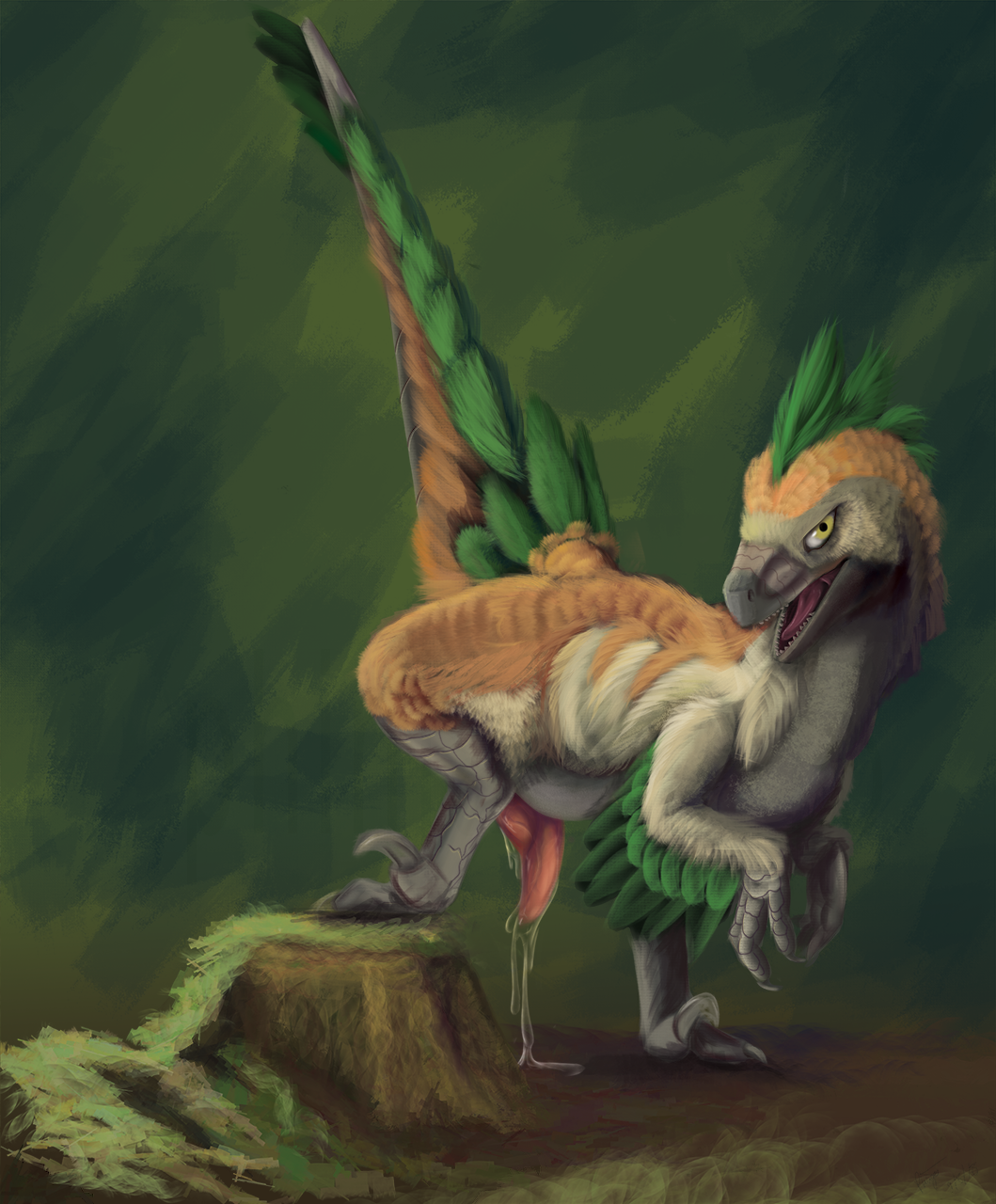 2018 3_fingers 3_toes brown_feathers claws digital_media_(artwork) dinosaur dripping_precum feathers feral grass green_feathers grey_scales lacertius looking_at_viewer male penis phinja precum presenting presenting_penis raised_leg raised_tail raptor scales simple_background solo standing tan_feathers theropod toes tree_stump unusual_penis utahraptor yellow_eyes