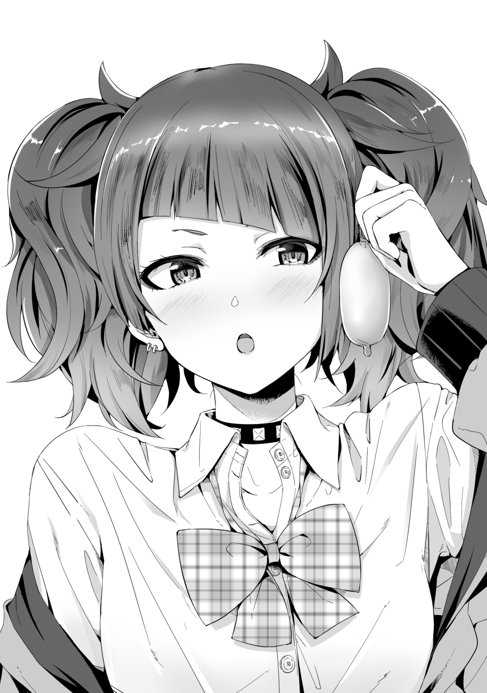 :o amekasaikuta arm_up bangs blush bow bowtie buttons choker collar collarbone collared_shirt condom diagonal_bangs dress_shirt earrings greyscale head_tilt highres idolmaster idolmaster_shiny_colors jacket jewelry long_sleeves loose_bowtie medium_hair monochrome off_shoulder open_clothes open_jacket plaid plaid_bow plaid_neckwear school_uniform shiny shiny_hair shirt short_twintails simple_background solo studded_collar tanaka_mamimi twintails upper_body used_condom white_background wing_collar