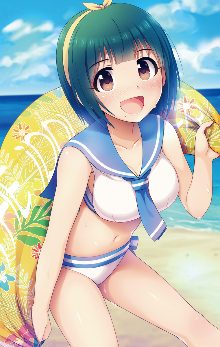 :d bangs beach beach_towel bikini blue_sky blush breasts brown_eyes cleavage cloud commentary_request day floral_print green_hair hairband highres holding holding_towel idolmaster idolmaster_(classic) looking_at_viewer medium_breasts navel noukatu open_mouth otonashi_kotori outdoors sailor_bikini sailor_collar sailor_swimsuit_(idolmaster) sand short_hair sky smile solo standing sweat swimsuit towel water white_swimsuit yellow_hairband