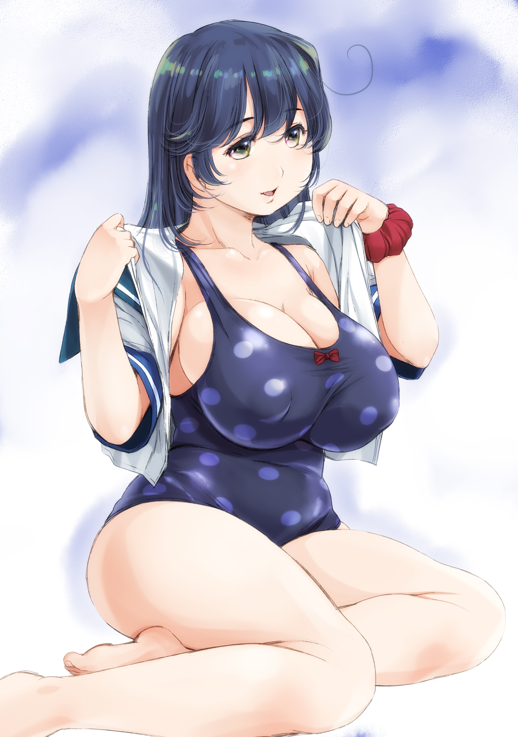 ahoge bare_shoulders blue_hair blue_swimsuit breasts cleavage collarbone commentary_request highres huge_ahoge kantai_collection kantori large_breasts long_hair parted_lips puffy_nipples scrunchie sitting smile solo swimsuit thighs ushio_(kantai_collection) yellow_eyes