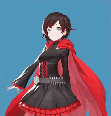 &gt;_&lt; 1girl =_= animated animated_gif black_dress black_hair blush cake cape corset dress eating eyes_closed food grey_eyes happy open_mouth red_cape ruby_rose rwby short_hair skirt solo spoon