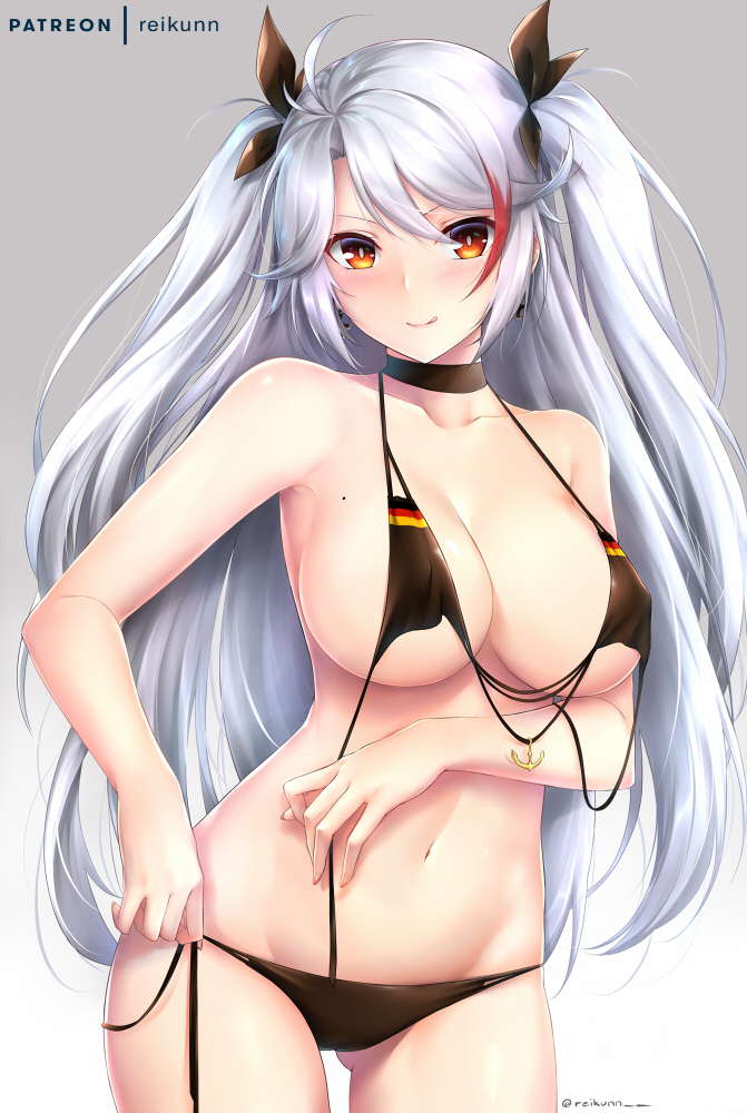 :q alternate_costume anchor_symbol antenna_hair arm_across_waist artist_name ass_visible_through_thighs azur_lane bangs bikini black_bikini black_choker blush breasts brown_eyes choker cleavage closed_mouth collarbone commentary cowboy_shot cross cross_earrings curvy dated earrings flag_print german_flag_bikini gradient gradient_background hair_between_eyes head_tilt holding_bikini_top iron_cross jewelry large_breasts long_hair looking_at_viewer mole mole_on_breast multicolored_hair navel patreon_username prinz_eugen_(azur_lane) red_hair rei_kun shiny shiny_skin side-tie_bikini signature silver_hair simple_background skindentation smile solo standing stomach streaked_hair swimsuit thighs tongue tongue_out twitter_username two_side_up untied untied_bikini very_long_hair