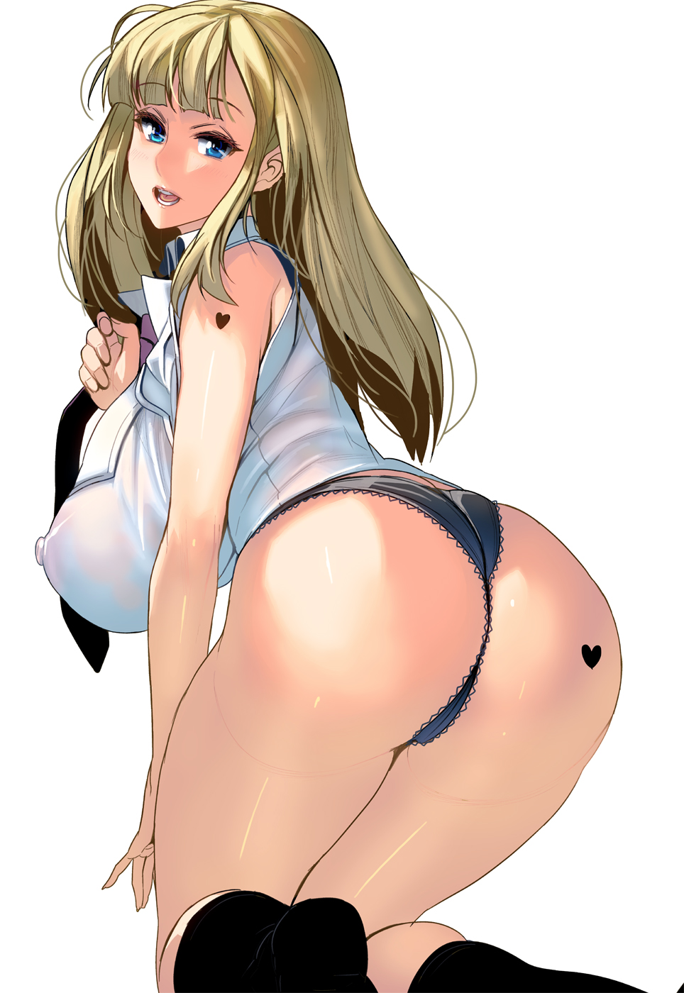 ass bangs black_legwear black_panties blue_eyes blunt_bangs breasts commentary_request curvy eyebrows_visible_through_hair from_behind heart highres huge_breasts kneeling lace lace_panties long_hair looking_at_viewer looking_back masao mole necktie no_bra no_pants original panties plump see-through shiny shiny_skin shirt sleeveless sleeveless_shirt socks solo sweat underwear wet wet_clothes wet_shirt