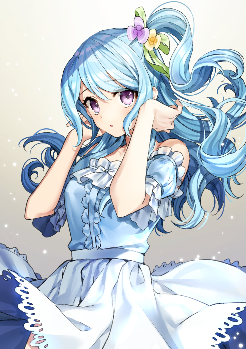:o bang_dream! bangs bare_shoulders blue_hair blue_shirt blush commentary detached_sleeves eyebrows_visible_through_hair flower frilled_sleeves frills gambe green_ribbon hair_between_eyes hair_flower hair_ornament hair_ribbon hands_up head_tilt light_blue_hair long_hair looking_at_viewer matsubara_kanon off-shoulder_shirt one_side_up parted_lips pleated_skirt puffy_short_sleeves puffy_sleeves purple_eyes purple_flower ribbon shirt short_sleeves skirt solo very_long_hair wavy_hair white_skirt yellow_flower