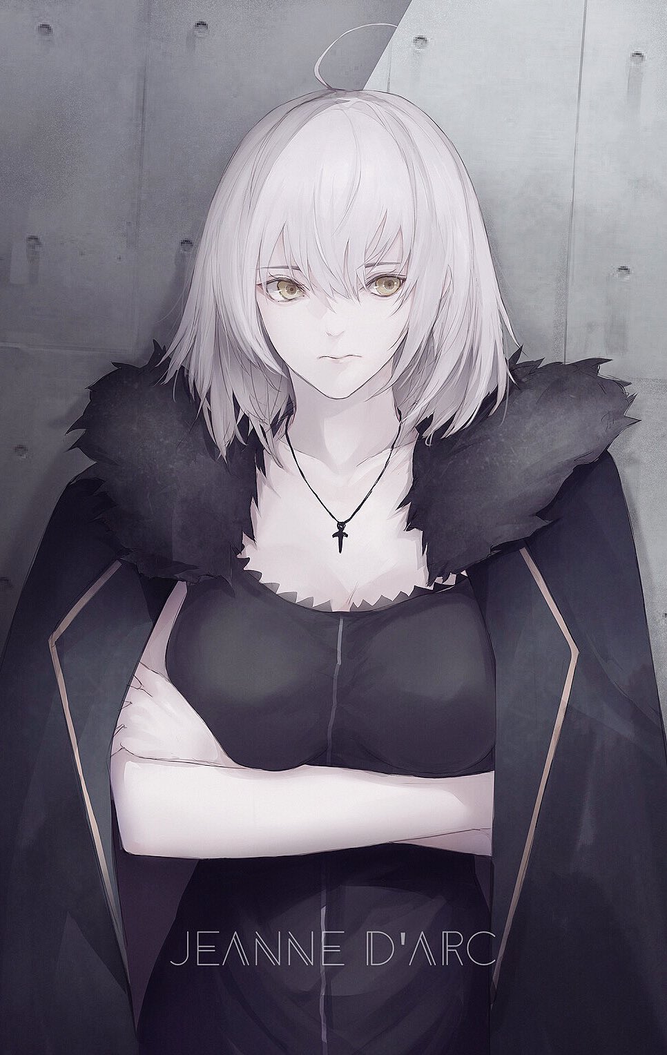 ahoge bangs black_dress breasts cape character_name closed_mouth collarbone commentary_request crossed_arms dress facing_viewer fate/grand_order fate_(series) fur-trimmed_cape fur_collar fur_trim hair_between_eyes highres jacket_on_shoulders jeanne_d'arc_(alter)_(fate) jeanne_d'arc_(fate)_(all) jewelry large_breasts looking_to_the_side marumoru necklace short_hair silver_hair standing yellow_eyes