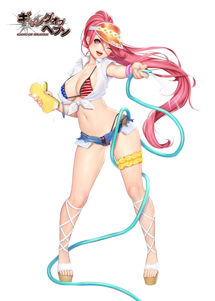 american_flag_bikini bikini bikini_under_clothes bracelet breasts cleavage commentary_request fingernails flag_print gang_of_heaven holding hose jewelry large_breasts logo long_hair masami_chie navel official_art one_eye_closed open_mouth open_toe_shoes pink_eyes pink_hair platform_footwear shiny shiny_hair short_shorts short_sleeves shorts simple_background soap_bubbles solo sponge standing stomach swimsuit thigh_strap toes unbuttoned very_long_hair visor_cap water white_background