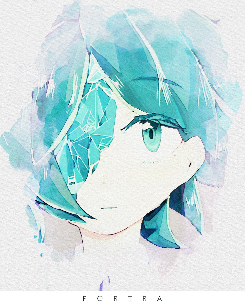 aqua_eyes aqua_hair arm_at_side bangs blue_eyes blue_hair broken closed_mouth commentary_request eguchi_saan english eyebrows_visible_through_hair highres houseki_no_kuni looking_at_viewer medium_request one-eyed paper_(medium) phosphophyllite portrait simple_background solo symbol_commentary text_focus
