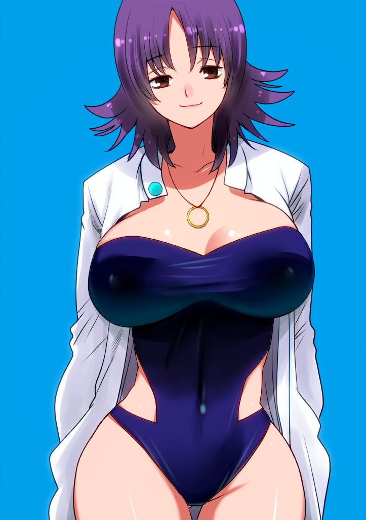 1girl black_swimsuit breasts coat covered_navel creatures_(company) erect_nipples game_freak highres labcoat large_breasts looking_at_viewer nintendo one-piece_swimsuit open_clothes open_coat perepere-kun pokemon pokemon_(anime) purple_eyes purple_hair short_hair solo swimsuit uchikido_(pokemon) white_coat