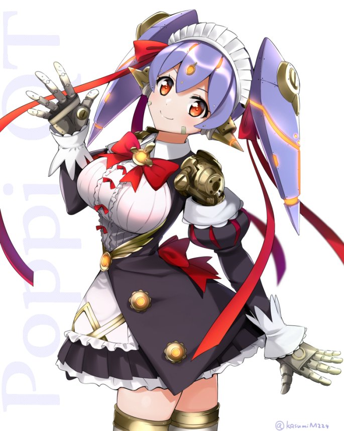 android bangs breasts center_frills closed_mouth commentary_request frills gold_trim hana_(xenoblade) hana_jk hand_up head_tilt juliet_sleeves large_breasts lavender_hair long_hair long_sleeves looking_at_viewer maid maid_headdress misu_kasumi neon_trim orange_eyes puffy_sleeves robot_joints smile solo spoilers spread_fingers standing thighhighs twintails twisted_torso waving wing_collar xenoblade_(series) xenoblade_2