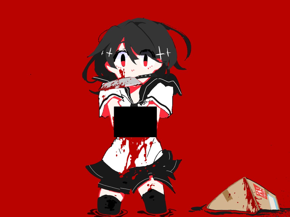 black_hair black_legwear black_sailor_collar black_skirt blood blood_on_leg blood_stain bloody_clothes bloody_knife box cardboard_box commentary_request eguchi_saan flat_color kitchen_knife knife looking_at_viewer mouth_hold original red_background red_eyes sailor_collar shirt short_hair short_sleeves simple_background skirt solo thighhighs white_shirt