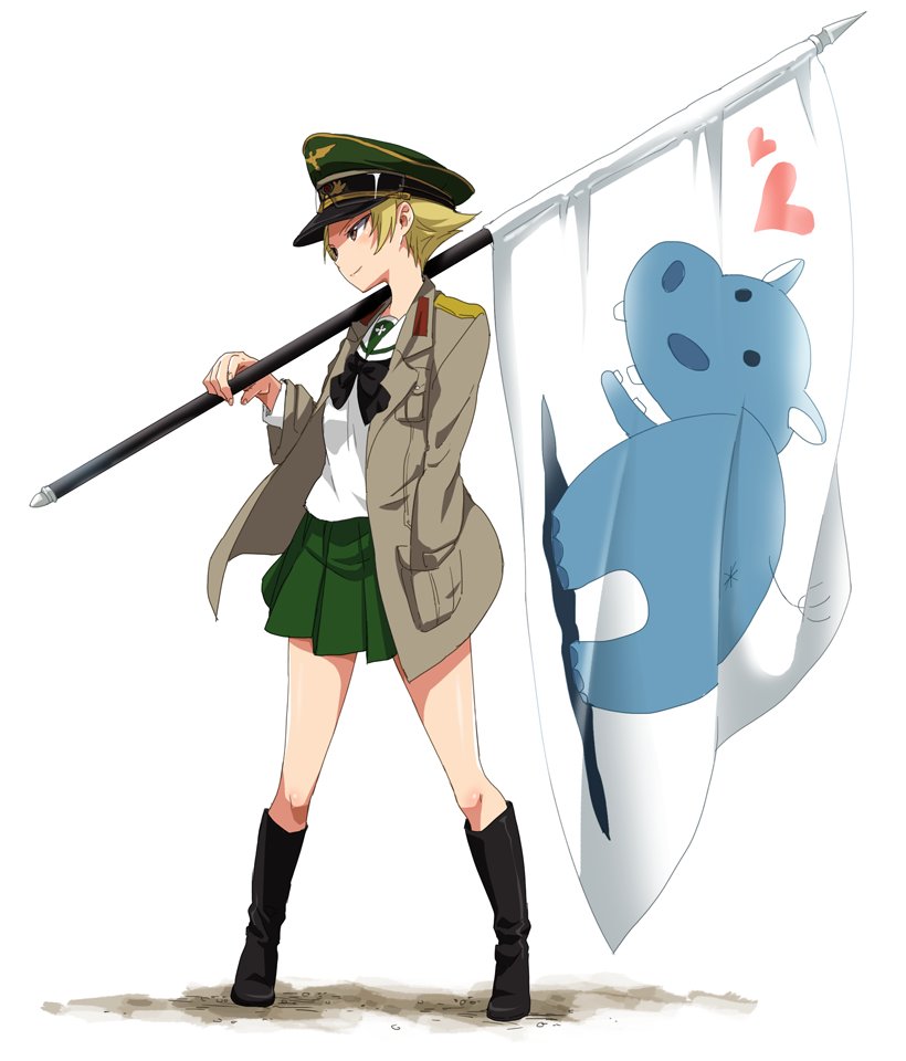 black_footwear black_neckwear blonde_hair boots bow bowtie brown_eyes brown_jacket carrying_over_shoulder closed_mouth commentary emblem erwin_(girls_und_panzer) flag full_body girls_und_panzer goggles goggles_on_headwear green_hat hand_in_pocket hat heart hippopotamus holding holding_flag jacket long_sleeves looking_to_the_side military_hat military_jacket ooarai_school_uniform open_clothes open_jacket peaked_cap pointy_hair short_hair smile solo sonasiz standing white_background