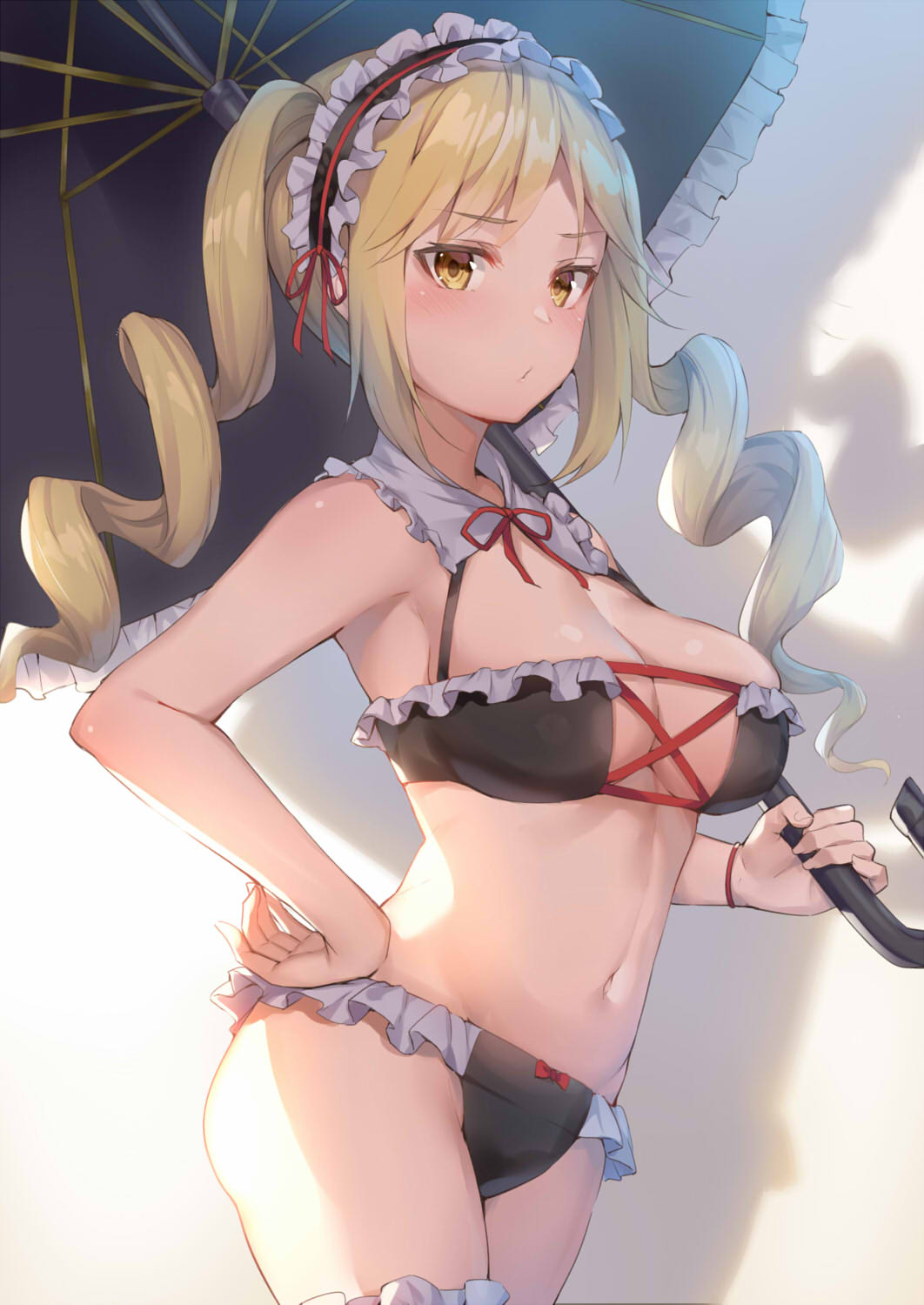aisha_(king's_raid) alexmaster bikini blonde_hair breasts cleavage commentary_request drill_hair eyebrows frilled_bikini frilled_shirt_collar frilled_umbrella frills highres king's_raid large_breasts looking_at_viewer maid_bikini maid_headdress multicolored multicolored_background navel open_mouth short_hair simple_background solo swimsuit twin_drills yellow_eyes