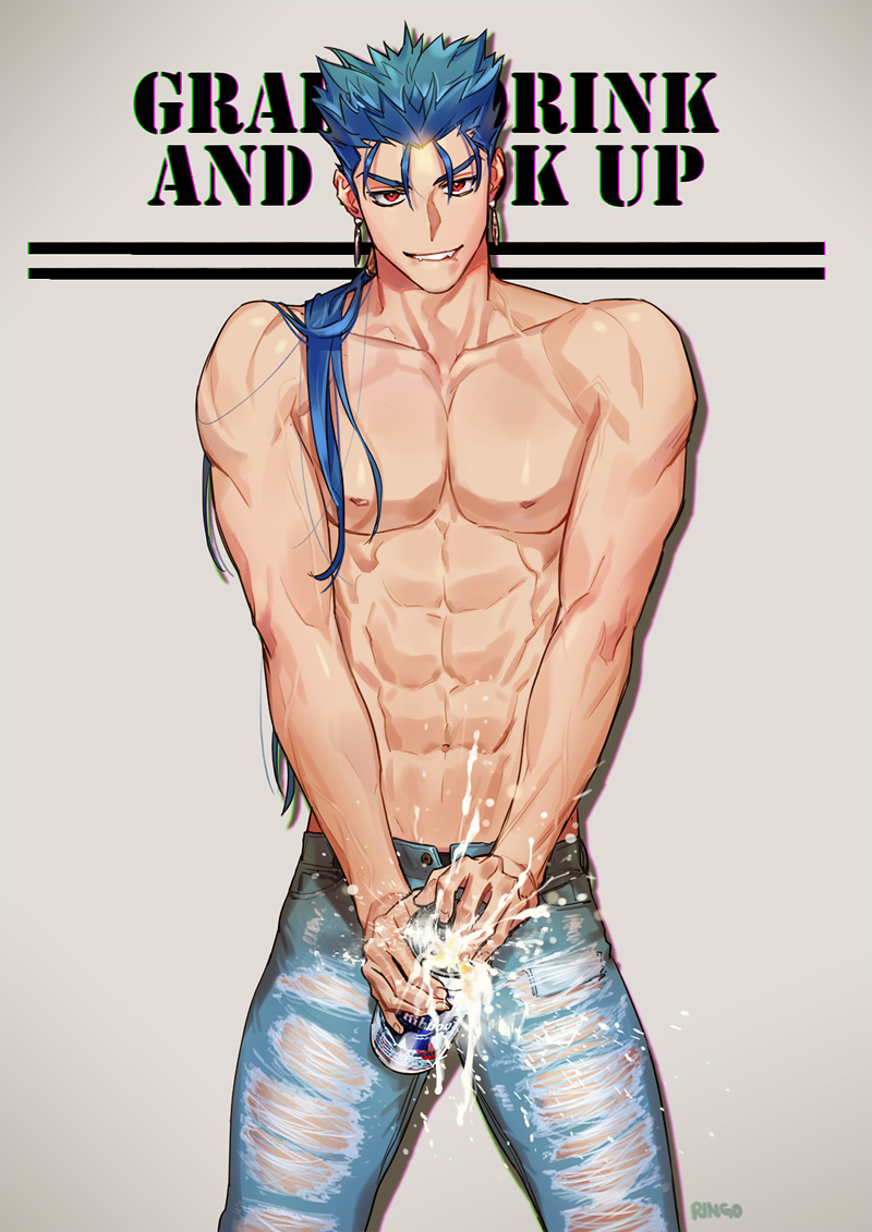 abs artist_name bare_chest beer_can biting blue_hair can chromatic_aberration denim earrings english fang fate/stay_night fate_(series) g0ringo grin jeans jewelry lancer lip_biting long_hair looking_at_viewer male_focus naughty_face opening_can pants phallic_symbol ponytail ripped_jeans sexually_suggestive simple_background smile solo spilling toned toned_male