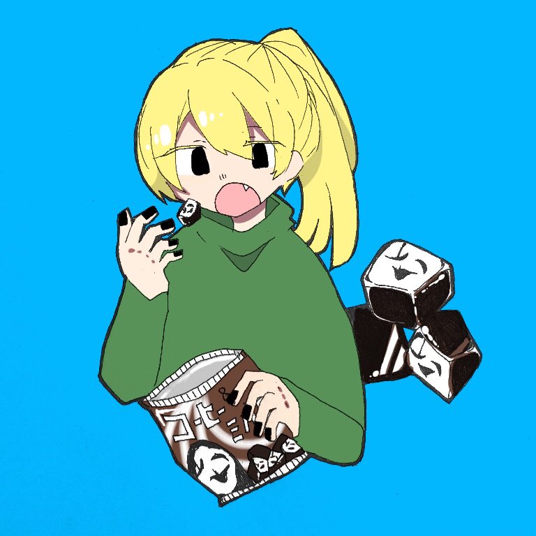 bag bangs black_eyes black_nails blonde_hair blue_background book commentary_request eguchi_saan eyebrows_visible_through_hair fang fingernails green_shirt hair_between_eyes holding holding_bag long_sleeves nail_polish open_book poniko shirt side_ponytail simple_background solo uboa yume_nikki