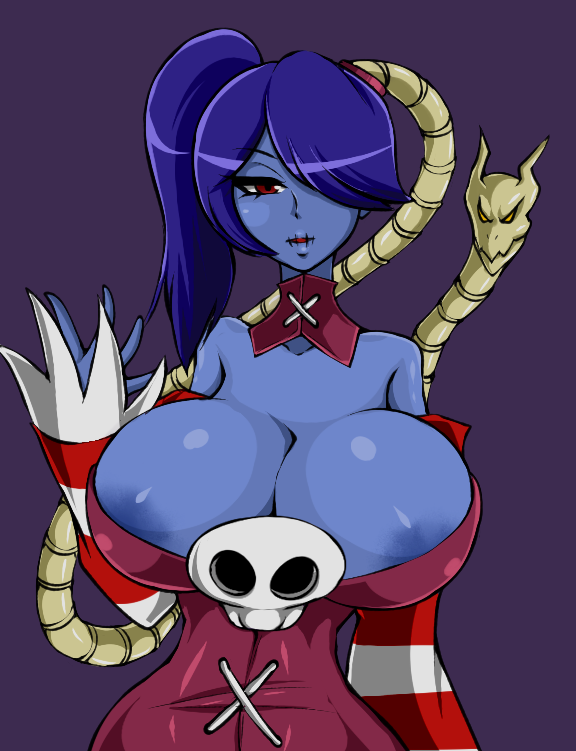 1girl bare_shoulders blue_skin breasts cleavage detached_collar detached_sleeves dress female hair_over_one_eye large_breasts leviathan_(skullgirls) monster_girl red_eyes side_ponytail skullgirls squigly_(skullgirls) stitched_mouth stitches striped striped_sleeves zombie