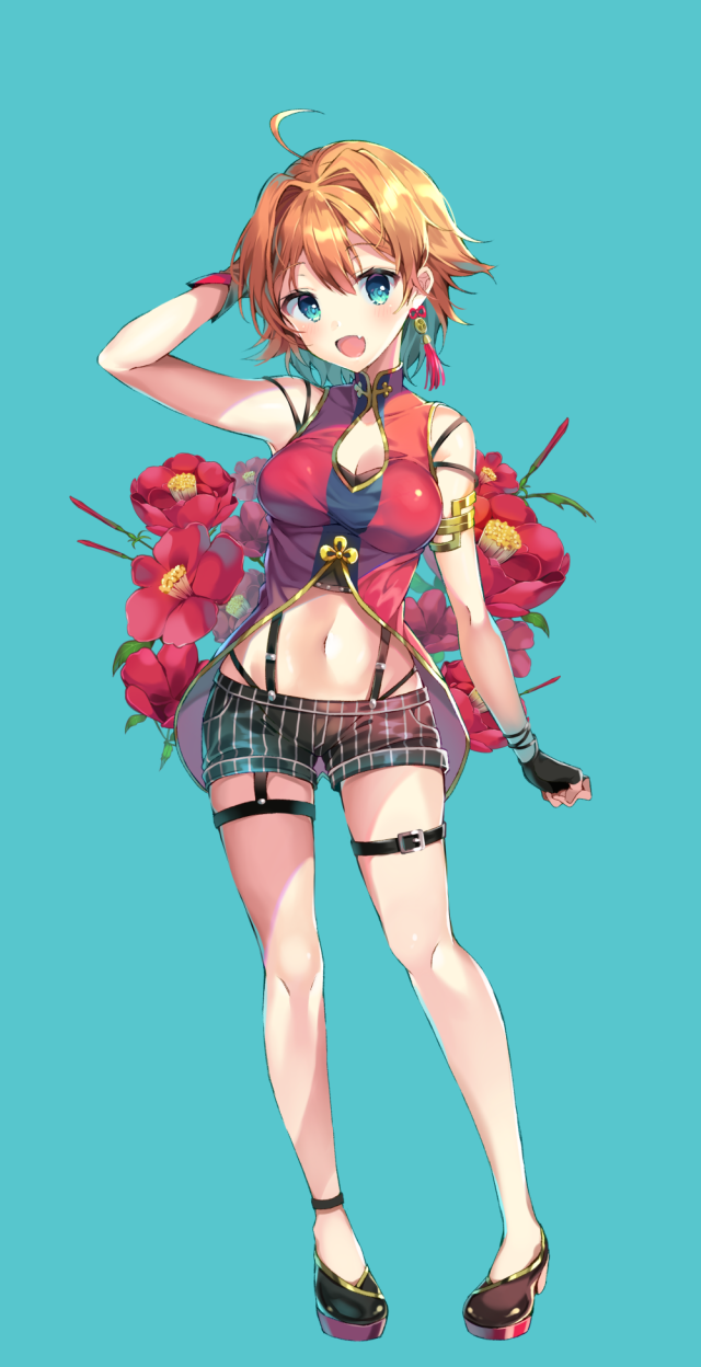 :d ahoge arm_at_side arm_up armlet bare_shoulders black_footwear black_gloves black_shorts breasts camellia cleavage cleavage_cutout collarbone covered_collarbone earrings fang fingerless_gloves floral_background flower full_body gloves green_background hair_intakes highres jewelry medium_breasts navel no_socks open_mouth pigeon-toed pinb red_flower red_shirt shirt shishi_(shishi_channel) shishi_channel shoes short_shorts shorts simple_background sleeveless sleeveless_shirt smile solo standing striped tassel thigh_strap vertical-striped_shorts vertical_stripes virtual_youtuber