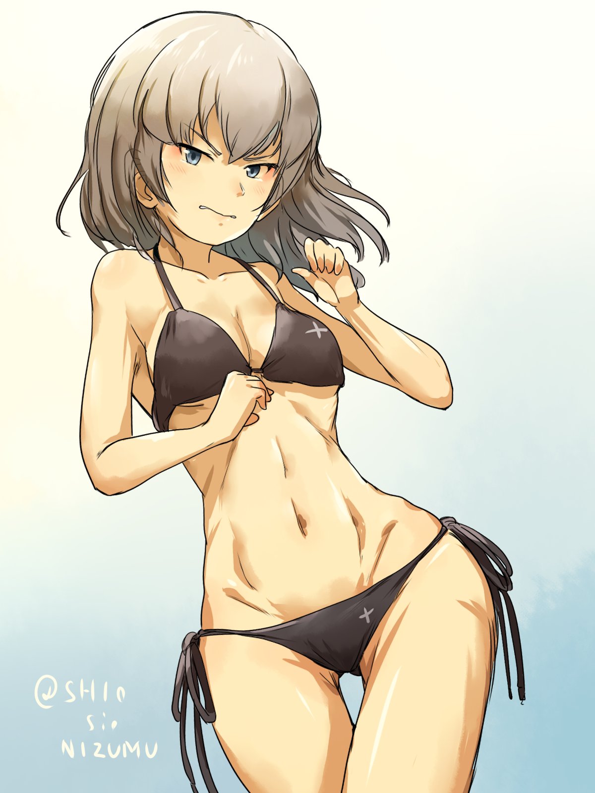 angry bangs bikini black_bikini blue_background blue_eyes breasts cleavage clenched_hands commentary cowboy_shot dutch_angle emblem frown girls_und_panzer gradient gradient_background grimace highres itsumi_erika leaning_to_the_side long_hair looking_at_viewer medium_breasts navel shio_nizumu side-tie_bikini silver_hair solo standing swimsuit thigh_gap twitter_username v-shaped_eyebrows