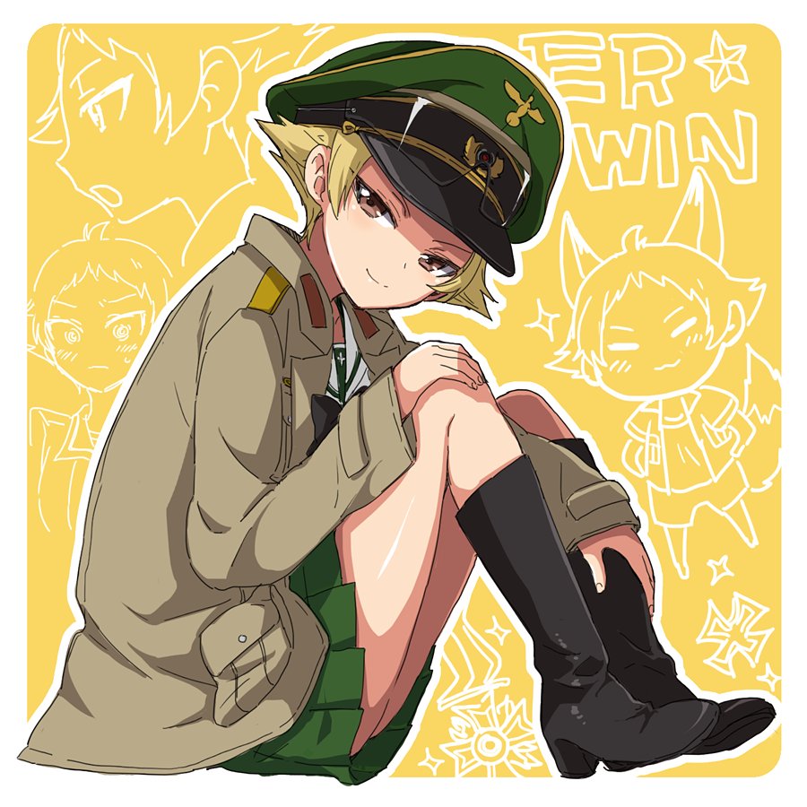 black_footwear black_neckwear blonde_hair boots bow bowtie brown_eyes brown_jacket character_name closed_mouth erwin_(girls_und_panzer) from_side full_body girls_und_panzer goggles goggles_on_headwear green_hat half-closed_eyes hand_on_own_knee hat head_tilt iron_cross jacket leaning_forward long_sleeves looking_at_viewer military_hat military_jacket ooarai_school_uniform open_clothes open_jacket outline peaked_cap pointy_hair scribble short_hair sitting smile solo sonasiz yellow_background