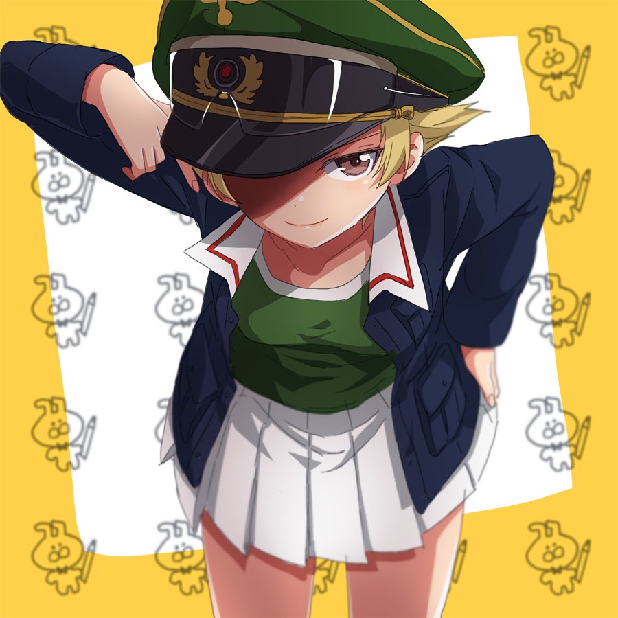 adjusting_clothes adjusting_hat arm_up blonde_hair blue_jacket blurry blurry_background brown_eyes closed_mouth cowboy_shot depth_of_field erwin_(girls_und_panzer) girls_und_panzer goggles goggles_on_headwear green_hat green_shirt hand_on_hip hat hat_over_one_eye jacket leaning_forward long_sleeves looking_at_viewer military military_hat military_uniform miniskirt ooarai_military_uniform open_clothes open_jacket peaked_cap pleated_skirt pointy_hair shirt short_hair skirt smile solo sonasiz standing uniform white_skirt yellow_background