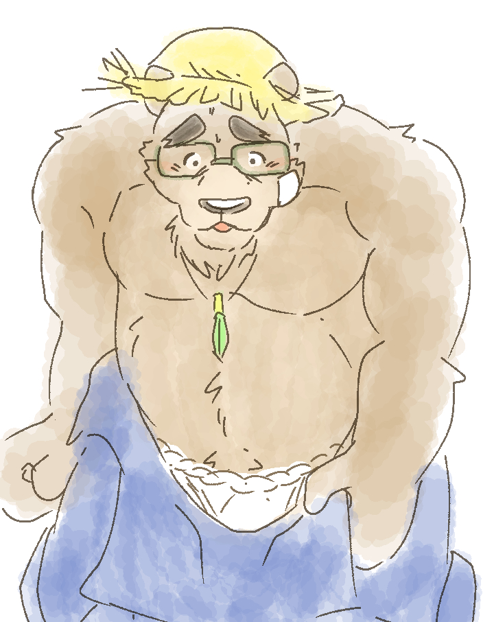 2018 anthro bear belly bismasouen brown_fur clothing eyewear fundoshi fur glasses hat humanoid_hands japanese_clothing male mammal moobs overweight overweight_male solo straw_hat tokyo_afterschool_summoners underwear volos