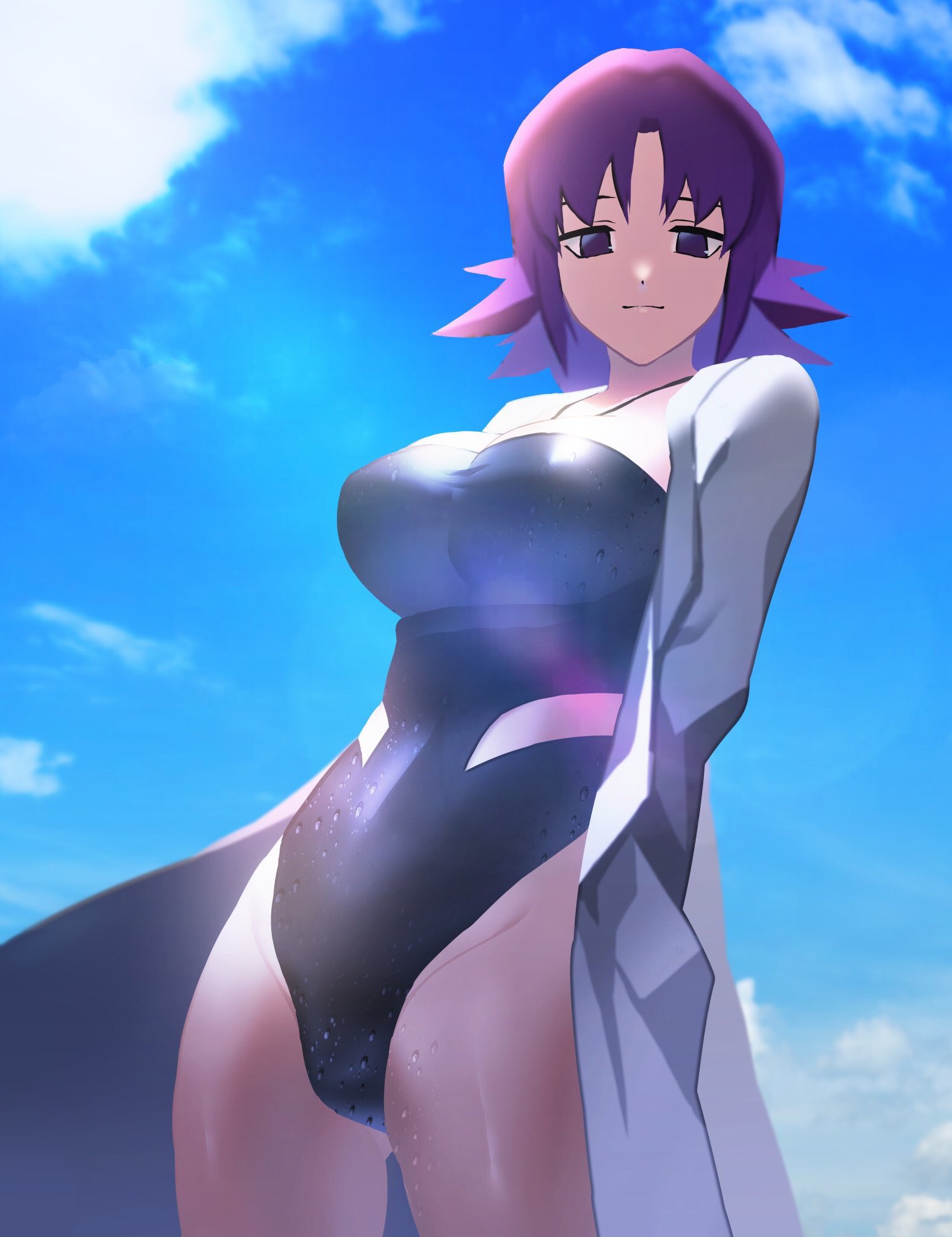 black_swimsuit blue_sky breasts closed_mouth cloud coat covered_navel cowboy_shot day gomibukurokarasu groin highres labcoat large_breasts looking_at_viewer one-piece_swimsuit open_clothes open_coat outdoors pokemon pokemon_(anime) purple_eyes purple_hair short_hair sky smile solo swimsuit uchikido_(pokemon) water wet white_coat